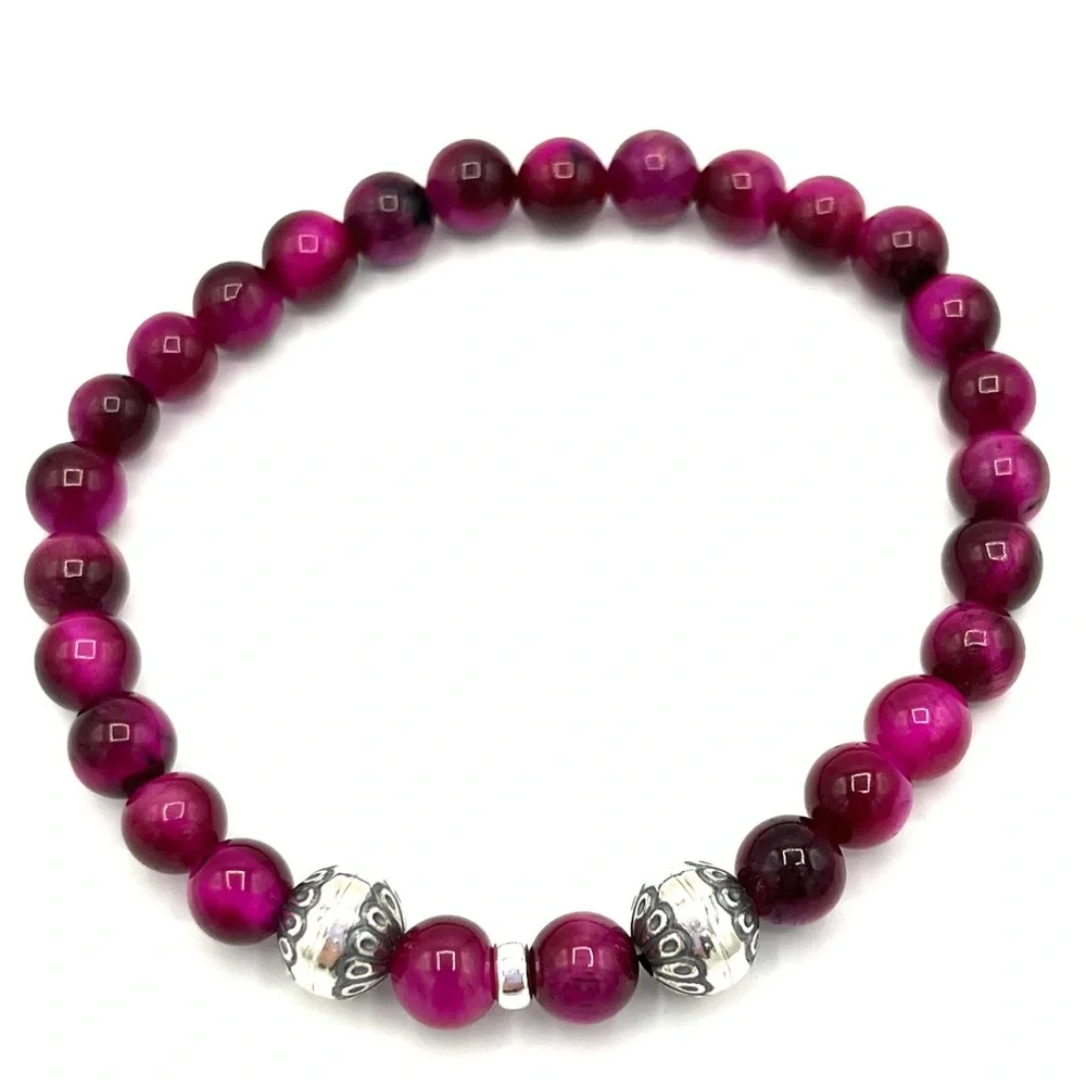 HAND CRAFTED Magenta Tiger Eye and Silver Stretch Bracelet - Picture 1 of 5